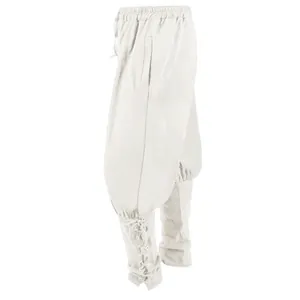 Detailed view of medieval vintage men's trousers featuring lace-up cuffs for cosplay