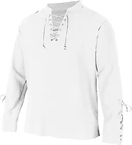 Chemise homme blanche en coton et lin à manches longues et col en V lacé