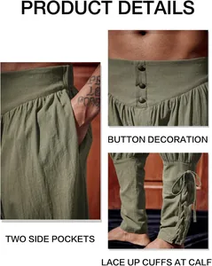 Detailansicht der mittelalterlichen Retro-Hose mit Schnürung und Taschen.