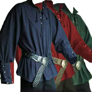 Men's medieval retro lace-up tunic shirt available in navy, red, and forest green