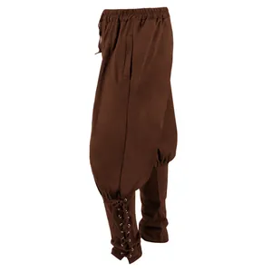 Side view detail of brown medieval pirate pants featuring adjustable lace-up ankle cuffs