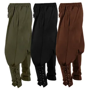 Medieval retro men's trousers in black, olive, and brown with lace-up cuffs for cosplay