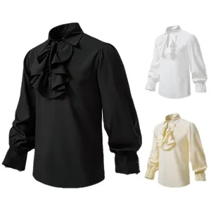 Middeleeuws steampunk herenoverhemd met ruches in zwart, wit en beige lange mouwen