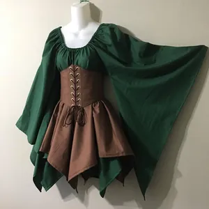 Detailed view of green and brown Renaissance medieval dress with flared sleeves