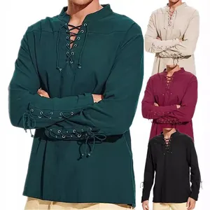 Chemise décontractée en coton et lin pour hommes avec laçage, col en V et détails