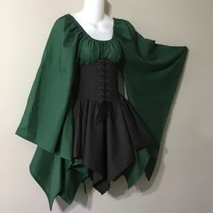 Detail of a green and black medieval Renaissance party dress with long flared sleeves
