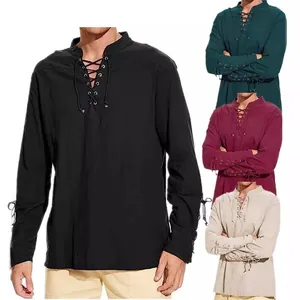 Chemise vintage en coton et lin pour homme avec laçage, col en V profond et manches longues