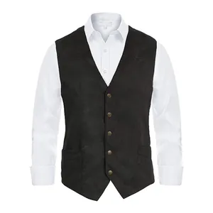 Detailed front view of a men's slim fit black suede waistcoat with five vintage buttons