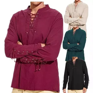 Chemise médiévale en lin pour hommes avec col en V à lacets et détails de manches décoratifs