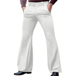 Men's formal white slim fit flared trousers featuring slanted pockets and bell bottoms