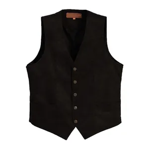 Classic black V-neck men's suit vest with ornate metal buttons and retro slim fit