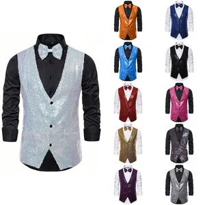 Multi-color men's sequin performance vests with matching bow ties for stage hosts