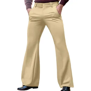 Men's slim fit khaki formal flare pants featuring stretch fabric and side pockets