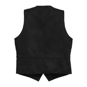 Rear view of a slim-fit black formal business vest for men showing tailored seams.