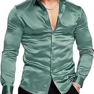 Heren Glanzend Satijn Overhemd Vintage Disco Stijl Lange Mouw Casual Button Up Top Metallic Glans Effen Feesthemd