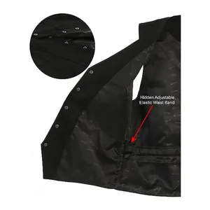 Detailed view showing the hidden adjustable elastic waistband inside black suit vest