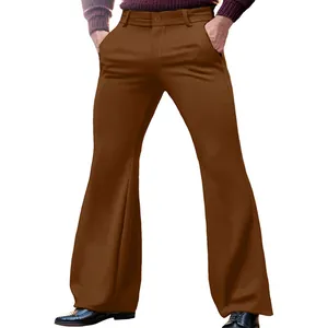 Detail view of men's slim fit brown bell-bottom trousers with slanted side pockets