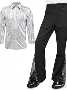 Herren 70er Jahre Disco Kostüm Set Pailletten Langarmshirt Und Schlaghose Retro Bühne Performance Outfit Top Und Bottom