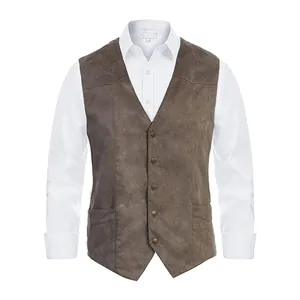 Classic brown suede-textured slim-fit suit vest for men featuring a retro V-neck design