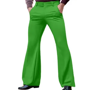 Detailed view of men's bright green slim fit flare trousers with functional side pockets