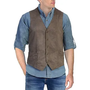 Detail of vintage brown suede V-neck vest for men in slim fit business style