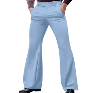 Detail view of men's slim fit solid light blue flared dress pants with side pockets