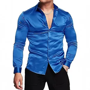 Glanzend blauw satijnen herenoverhemd met lange mouwen voor disco-feesten uit de jaren 70