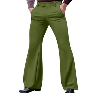Detail shot of men's stylish olive green slim fit stretch trousers with flare leg