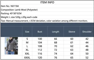 Size chart and measurement details for men's slim fit scarf collar knitted sweater