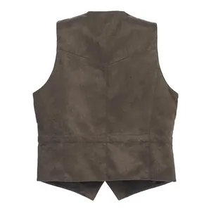 Detailed back view of a men's brown suede waistcoat showing stitching and slim fit cut