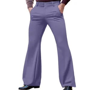 Detailed view of men's purple slim fit flared trousers featuring stretch fabric and side pockets