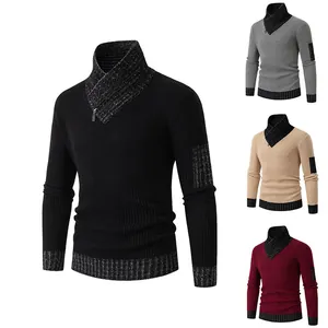 Detail view of men's slim fit knit sweater featuring a unique shawl collar design