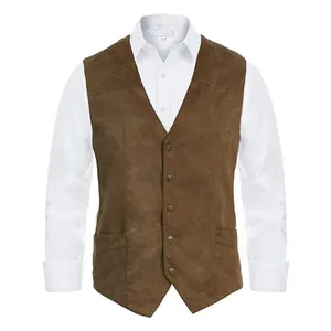 Detailed macro shot of the brown faux suede texture and buttons on a men's V-neck vest