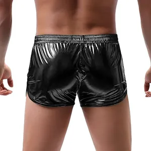 Close-up back view showing the shiny metallic texture of these black men's shorts