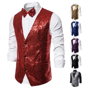 Detailed view showing various colors of men's shiny sequin stage performance vest set