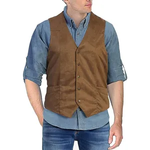 Men's vintage brown suede V-neck slim fit vest for casual or formal business attire