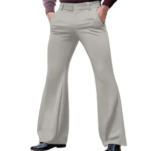 Detailed view of men's grey stretch slim fit flare trousers with bell-bottom cut
