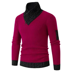 Detailed view of a magenta men's slim-fit knitted pullover featuring a black scarf collar design.
