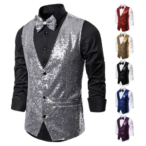 Men's shiny sequin vest with bowtie, multi-color stage waistcoat for singers and performers