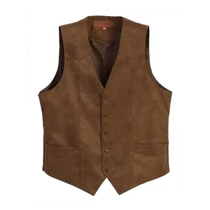 Vintage brown suede-like men's V-neck vest with five-button closure for formal business