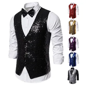 Men's glitter sequin vest and bow tie set for stage performance and hosting duties.
