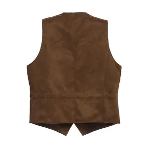 Professional back view of a brown faux suede slim fit men's formal business suit vest
