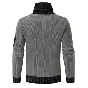 Back view of men's casual slim-fit knitted sweater with unique scarf collar detail