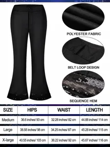 Detailed view of 70s disco flare pants with sequin hem and comprehensive size chart