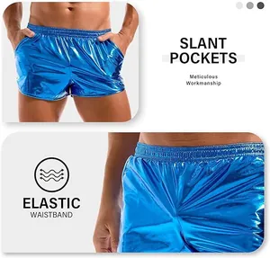 Detail view of metallic blue men's shorts with elastic waistband and slant pockets