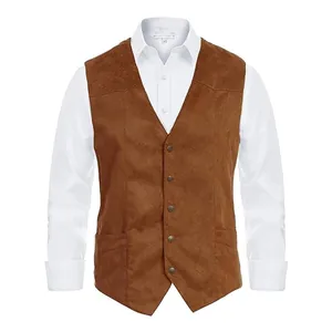 Classic brown suede-like men's vest with V-neck and five-button closure for formal wear
