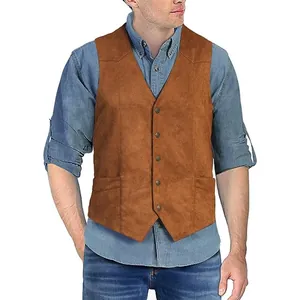 Detailed view of men's vintage brown faux suede V-neck slim fit business vest