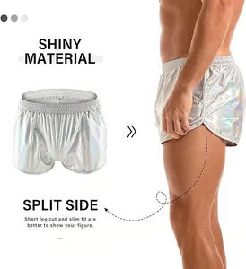 Detailed view of men's metallic silver shorts featuring split side design and slim fit