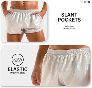 Detail view of men's holographic shiny shorts featuring elastic waistband and pockets