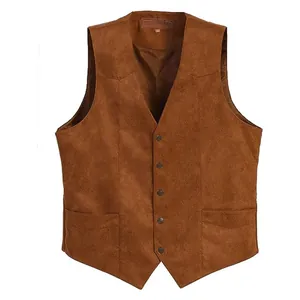 Close-up detail of a vintage brown suede V-neck slim fit vest for men with buttons